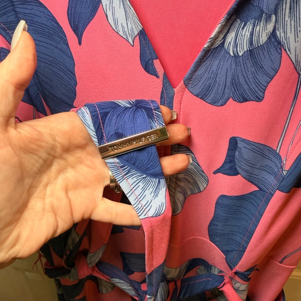 Tommy Hilfiger Pink and Blue Floral Sleeveless Tie-Waist Midi Dress - Size 12 - Picture 3 of 5